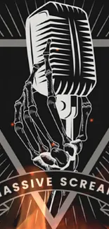 Vintage microphone and skeletal hand art wallpaper.