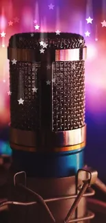 Vintage microphone with purple bokeh background.