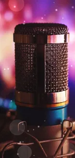 Vintage microphone with colorful blurred background, showcasing a studio aesthetic.