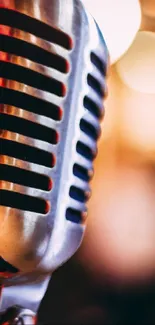 Close-up of a vintage microphone with blurred background.