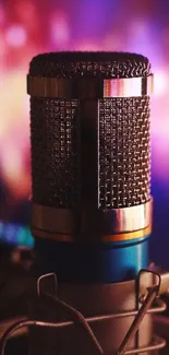 Vintage microphone with a colorful, blurred background for mobile wallpaper.