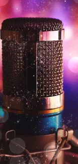 Vintage microphone with colorful bokeh lights creating a mesmerizing effect.