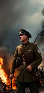 A soldier in vintage uniform stands amid fiery explosions and smoke.