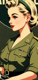 Vintage military woman art with olive green uniform.