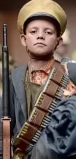 Young boy in vintage military attire with rifle.