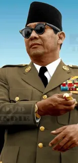 Portrait of a military leader in olive uniform with sunglasses.