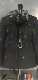 Vintage military uniform with headphones and medals on display.