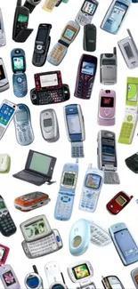 Collage of vintage mobile phones on a white background.