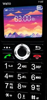 Vintage mobile phone with pixel art screen and numeric keypad.