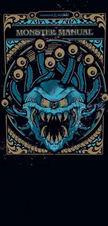 A detailed vintage monster manual design with a dark blue background.