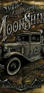 Vintage moonshine truck wallpaper with rustic decor.