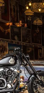 Vintage motorcycle with art backdrop in warm lighting setting.