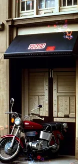 Vintage motorcycle parked at chic café entrance in urban setting.