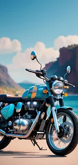 Vintage motorcycle set against a picturesque beach landscape under sunny skies.