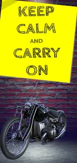 Vintage motorcycle with 'Keep Calm' poster over brick wall background.