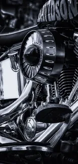 Close-up of a vintage motorcycle engine in black and chrome tones.