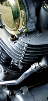 Close-up of a vintage motorcycle engine with metallic finishes.