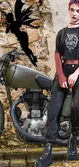 Person with fairy wings sits on vintage motorcycle against brick wall.