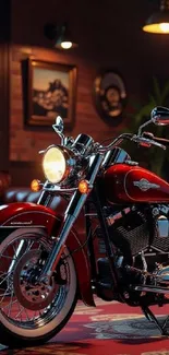 Vintage motorcycle in a cozy indoor setting with warm lighting.