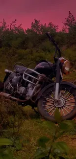 Vintage motorcycle in lush nature under pink sky.