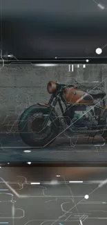 Vintage motorcycle with digital tech overlay on rustic background.