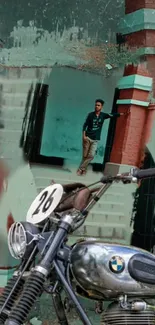 Vintage motorcycle with urban backdrop featuring vibrant graffiti.