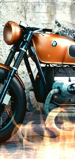 Vintage orange motorcycle against a concrete wall backdrop.