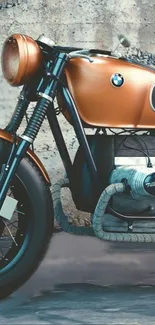 Vintage motorcycle with orange body against a textured background.