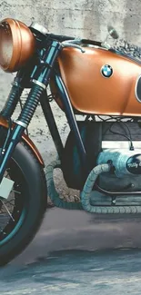 Vintage copper motorcycle against a rustic wall.