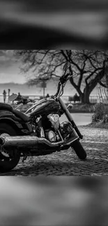 Vintage motorcycle against grayscale scenic backdrop.