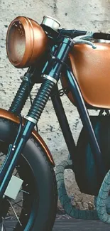 Vintage motorcycle with copper finish against a textured wall background.