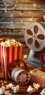 Vintage movie night setup with popcorn and film reels.