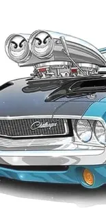 Illustrated vintage muscle car in blue with prominent engine detailing.