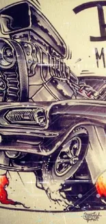 Illustration of a vintage muscle car with fiery exhausts.