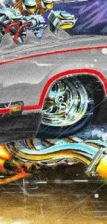 Dynamic vintage muscle car with flames illustration.