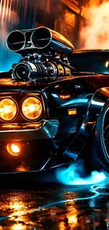 Vintage muscle car with bright headlights and powerful engine at night.