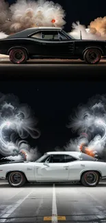 Two classic muscle cars with smoke effects, set against a dark background.