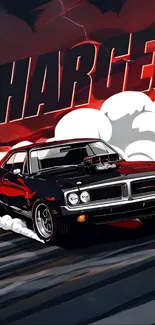 Classic muscle car speeding with dynamic design and bold colors.