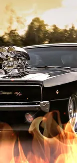 Vintage muscle car cruising at sunset with chrome details and powerful engine.