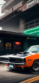 Classic orange muscle car under an urban overpass.