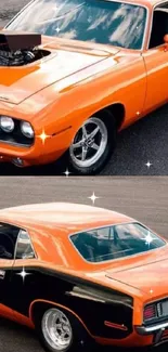 Orange and black classic muscle car parked on asphalt.