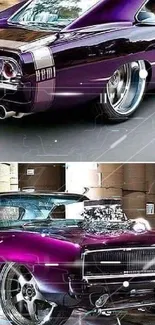 Purple vintage muscle car with polished wheels.