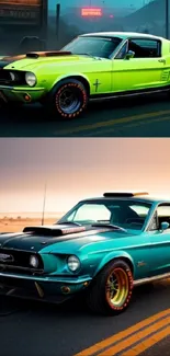 Vintage muscle cars in vibrant green and blue on highway in stunning wallpaper.