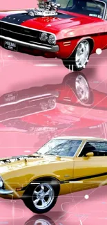 Vintage red and yellow muscle cars on pink background.