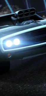 Dynamic vintage muscle car speeding in an urban night scene.