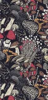 Detailed illustration of various mushrooms in earthy colors, perfect for phone wallpaper.