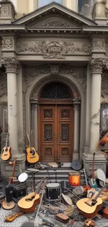 Vintage instruments at ornate doorway wallpaper.