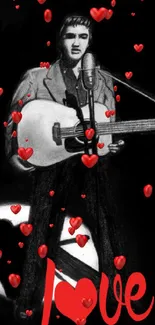 Retro musician playing guitar with 'Love' text in red.