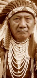 Sepia-toned portrait of a Native American chief in traditional attire.