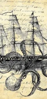 Vintage octopus and ship sketch on parchment paper background.